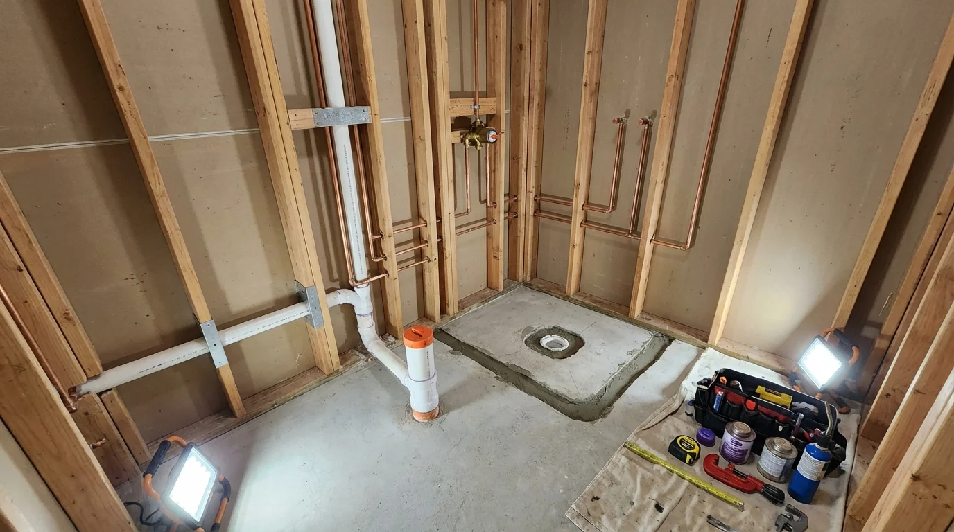 Bathroom rough-in plumbing during remodel by Johns Plumbing LLC in Baldwinsville