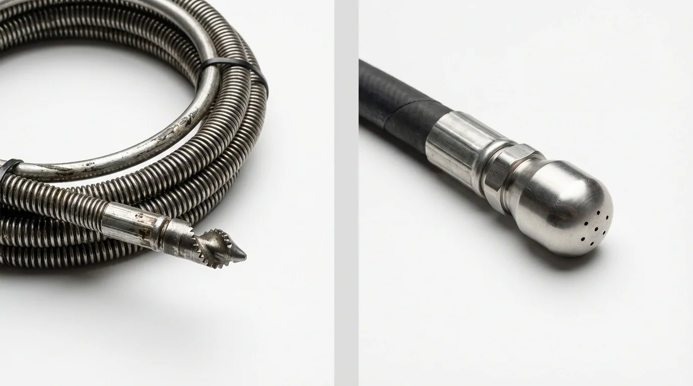Drain snake cable and hydro jetting nozzle used for drain cleaning in Baldwinsville, NY