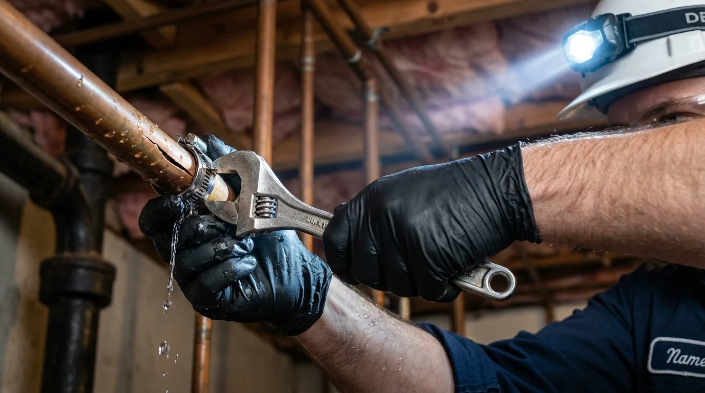 Emergency pipe clamp repair being performed by a Johns Plumbing LLC plumber in Baldwinsville