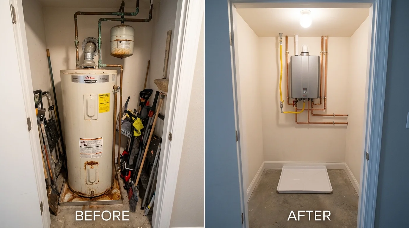 Tank water heater versus wall-mounted tankless unit comparison for Baldwinsville, NY homeowners