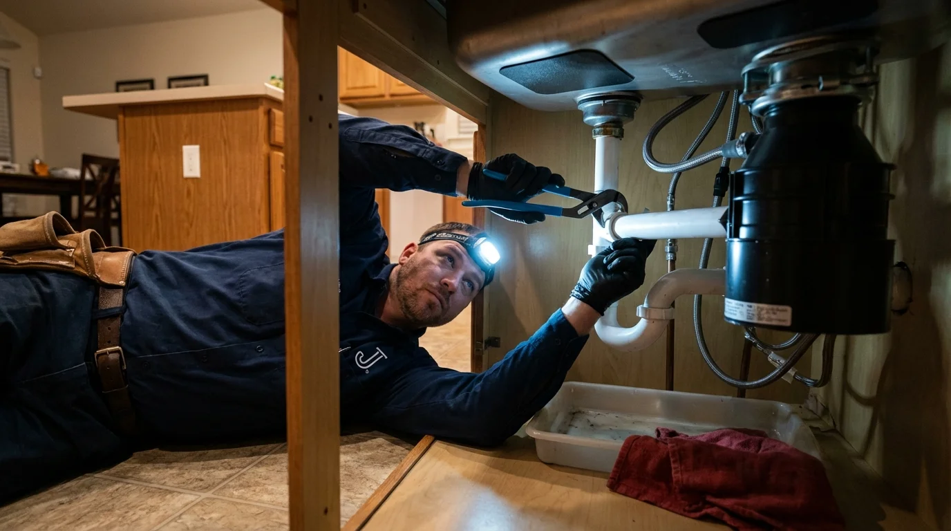 P-trap and supply line connections under a kitchen sink showing a common leak point in Baldwinsville, NY